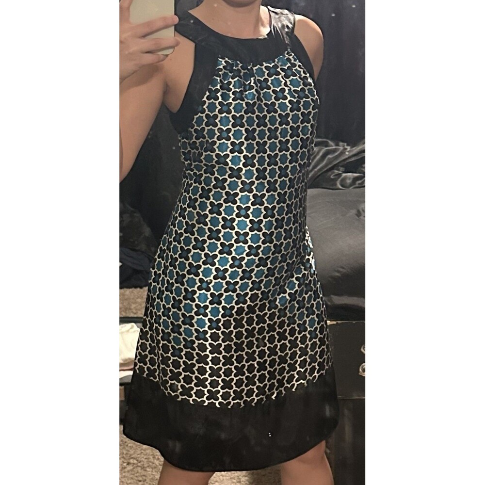 Teal Black Geometric Halter Dress Shift Mini Retro Mod Sz.2